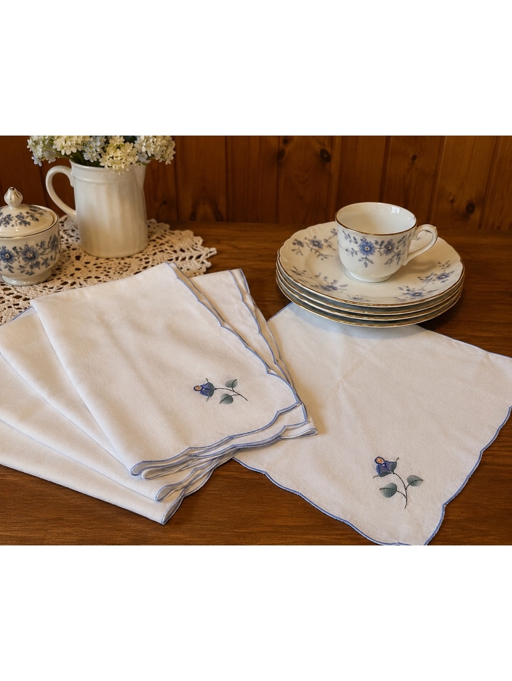Vintage Hand Embroidered Cotton Napkins Set of 8 Blue Floral Farmhouse